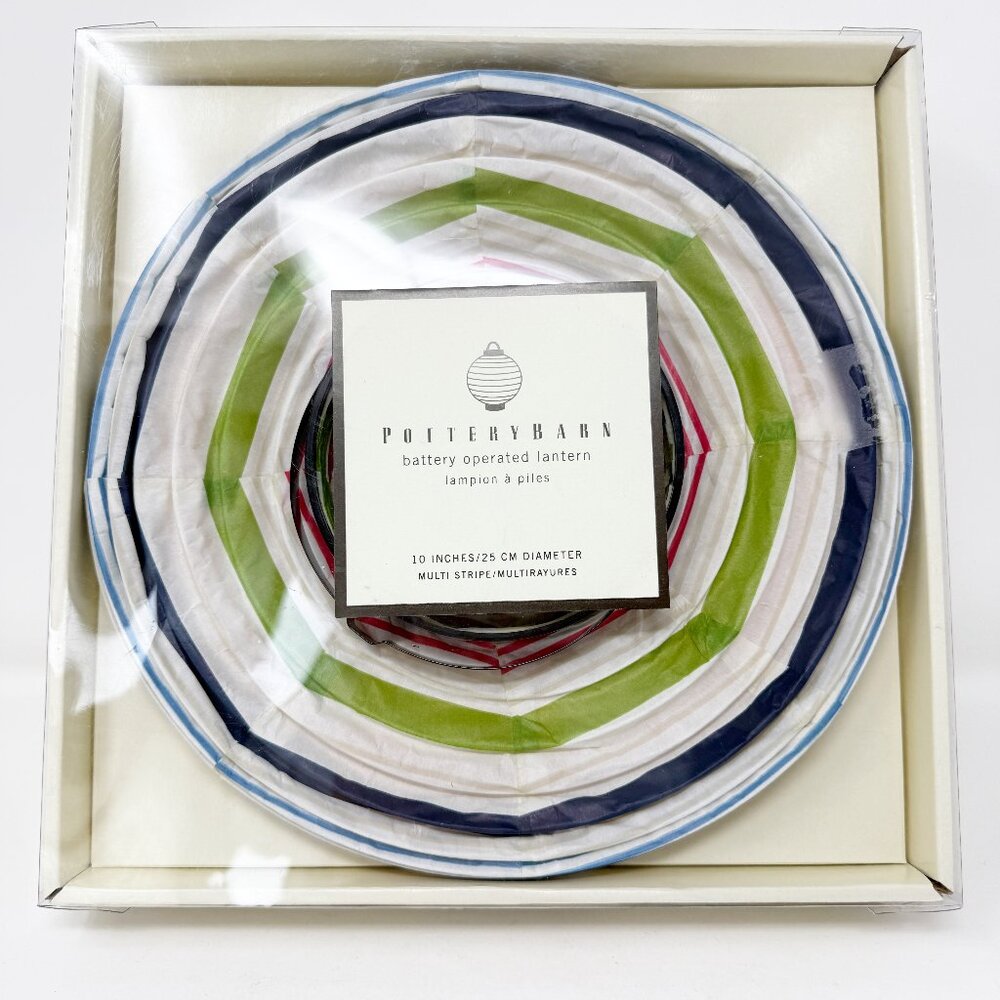 Pottery Barn Battery Operated Paper Lantern 10” Multicolor Stripes Party Decor